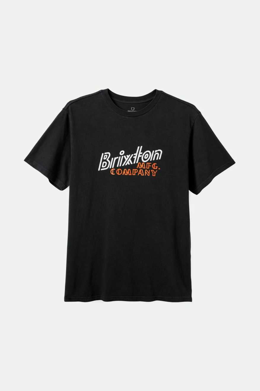 Front of Brixton Men's Gustin Short Sleeve Standard T-Shirt - Black Worn Wash