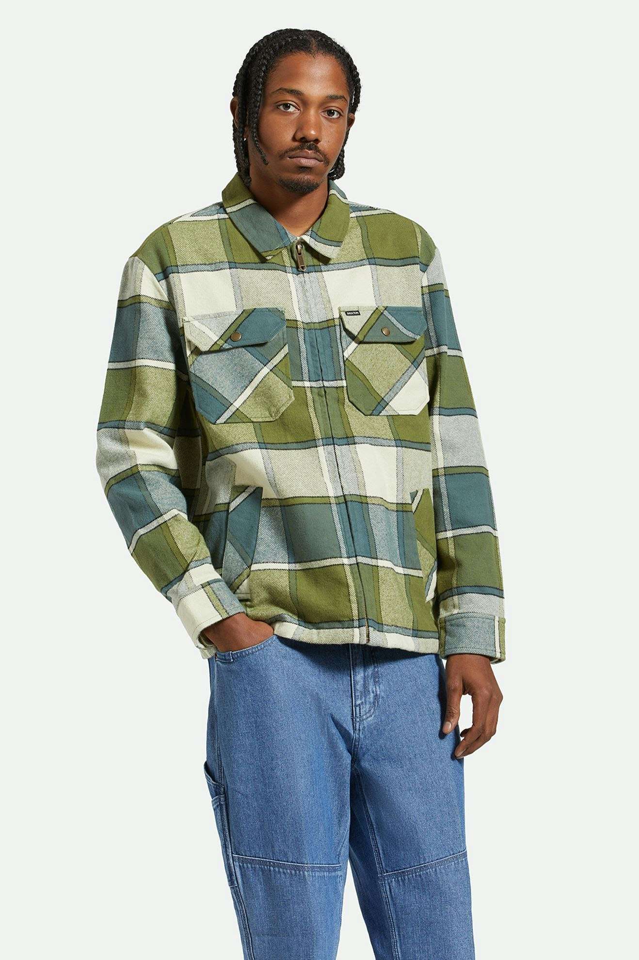 Model Photo of Front of Brixton Men's Motor Zip Jacket - Blue Mirage/Dill Plaid