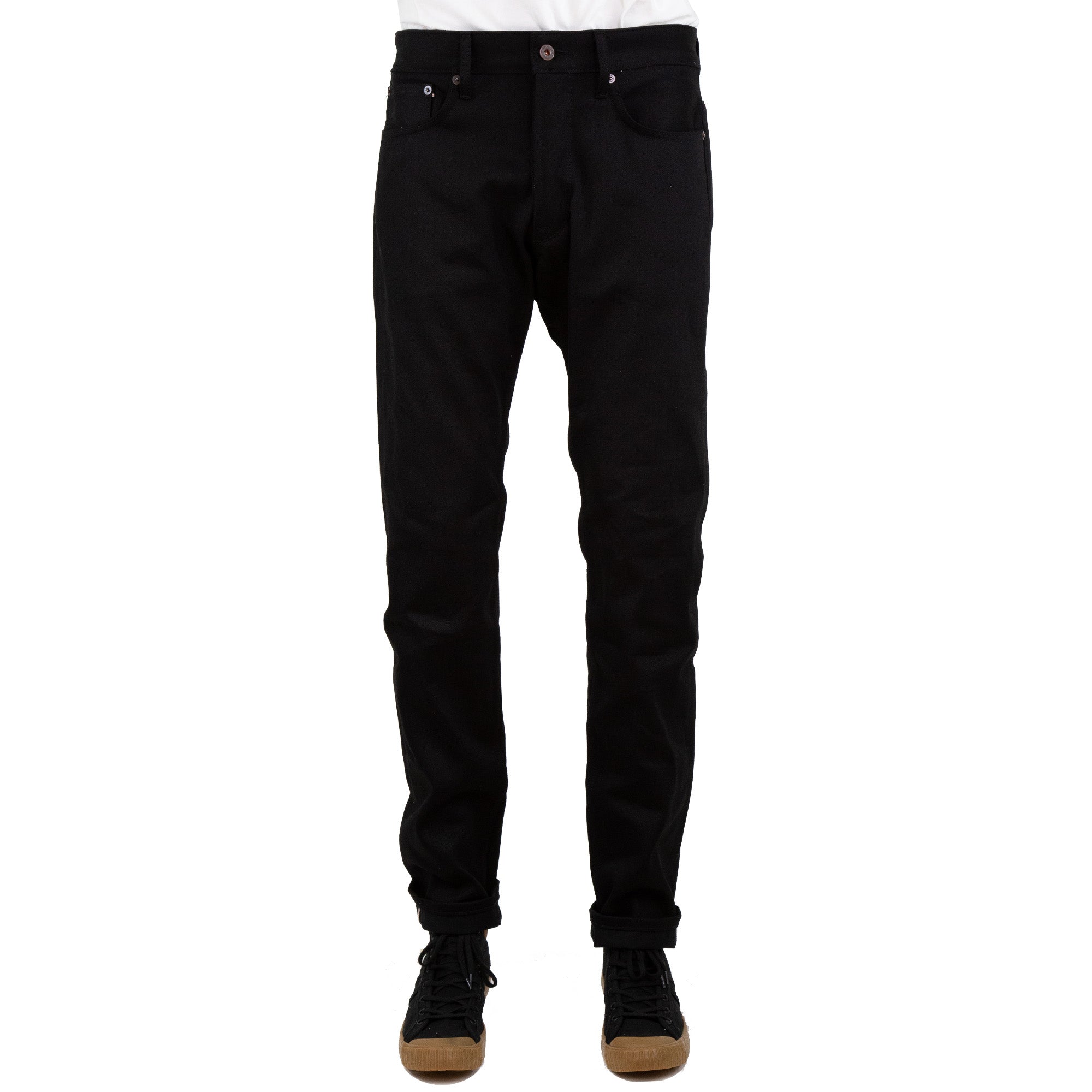 Front of Spikes X111 Taper Leg 13.5 Oz Double Black Selvedge