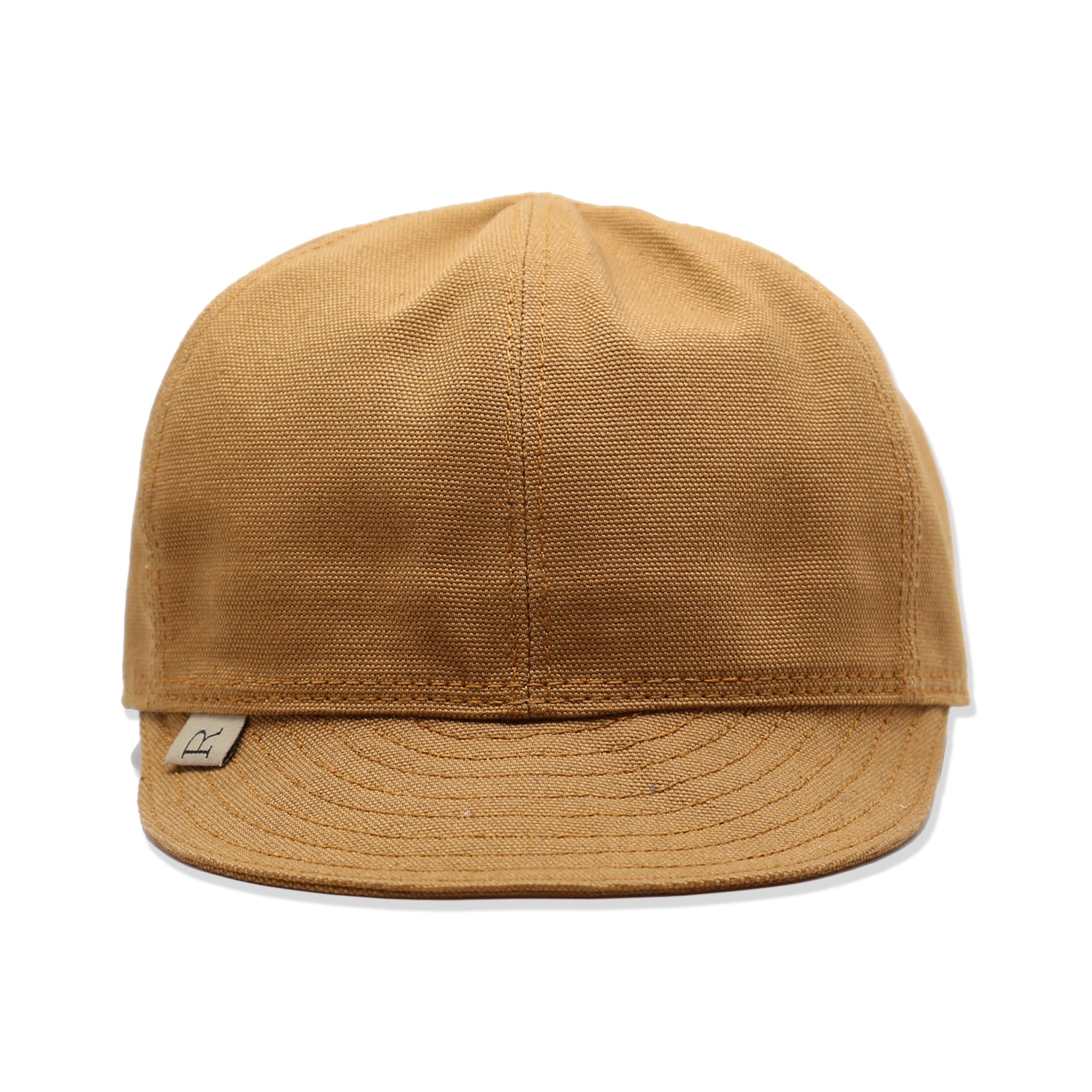 A brown mechanic hat made from duck canvas, with a sweat band and a flat brim.