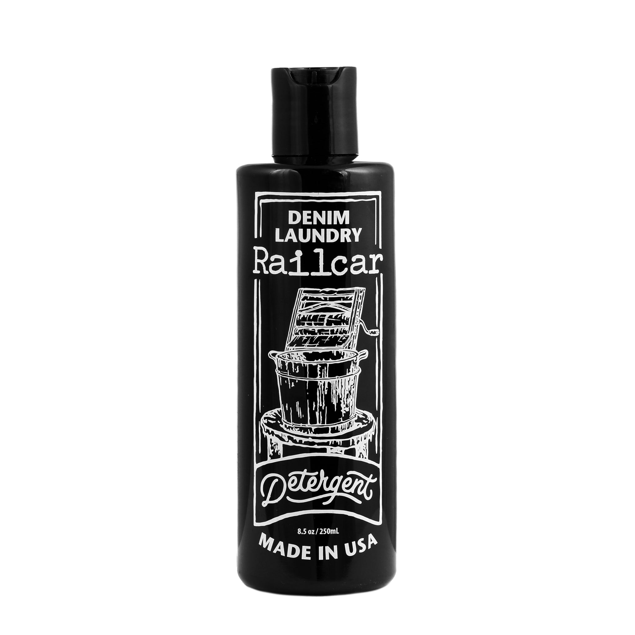A black bottle of Railcar denim detergent with white label text and graphic design.