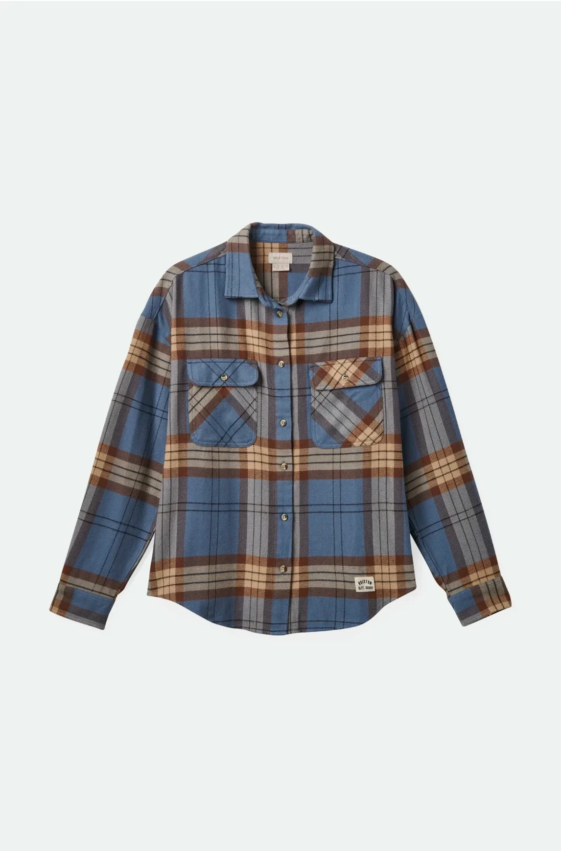 Plaid shirt with blue, brown, and beige pattern on a light gray background