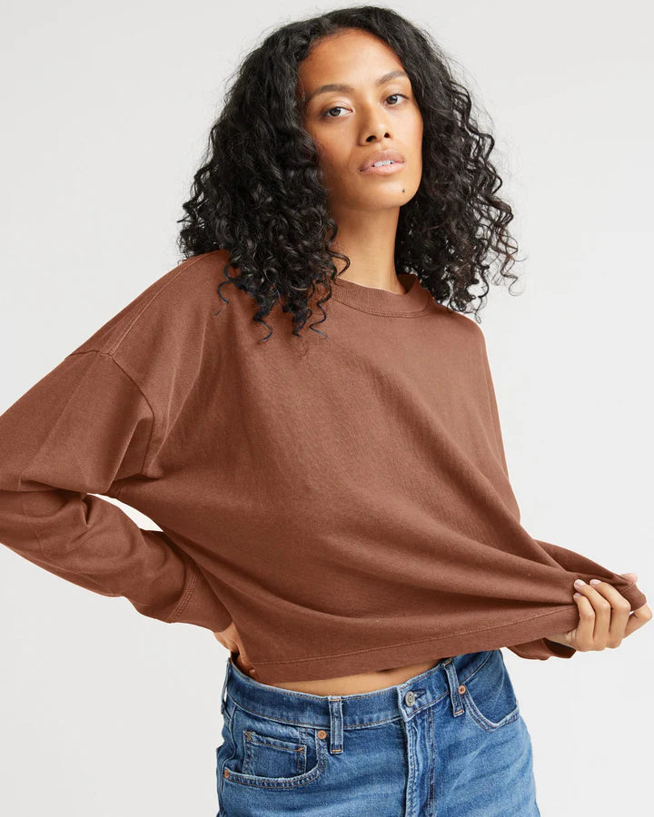 Model Photo of front of Richer Poorer Women's Relaxed Crop Long Sleeve Tee - Latte