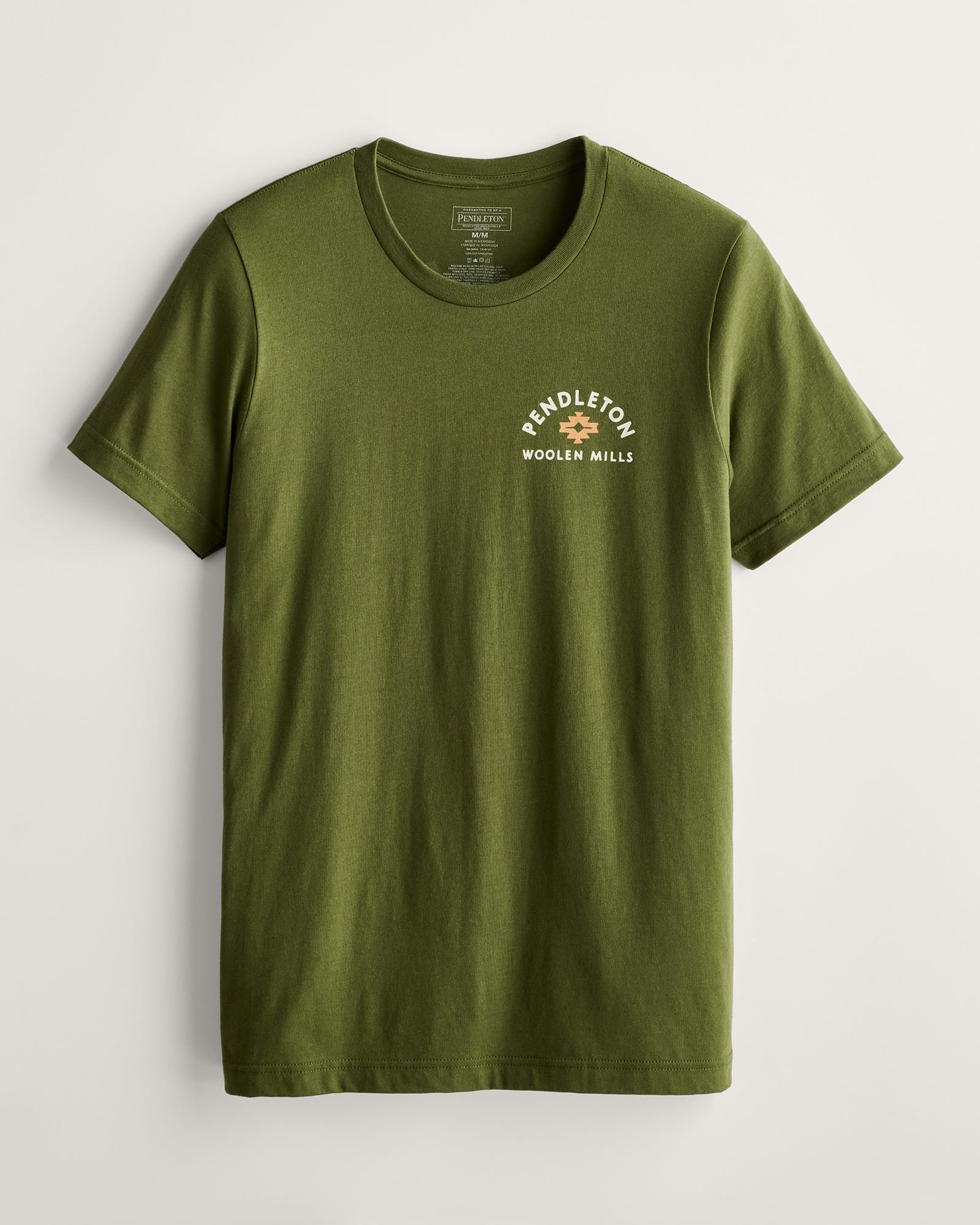 Green t-shirt with Pendleton Woolen Mills logo on a light gray background