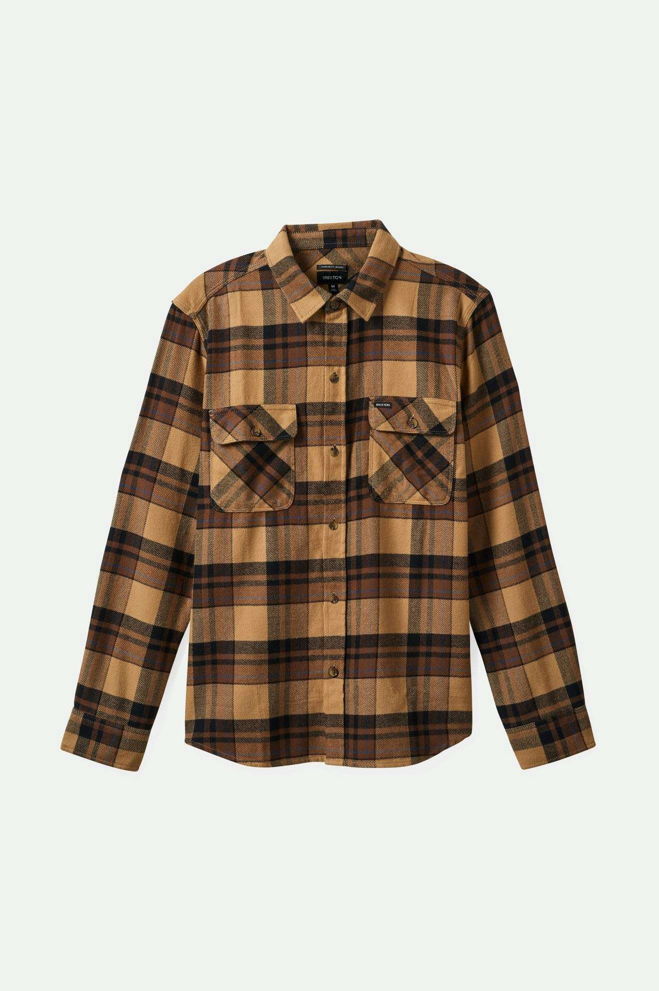Front of Brixton Men's Bowery Flannel - Tiger's Eye/Pinecone Brown/Washed Navy