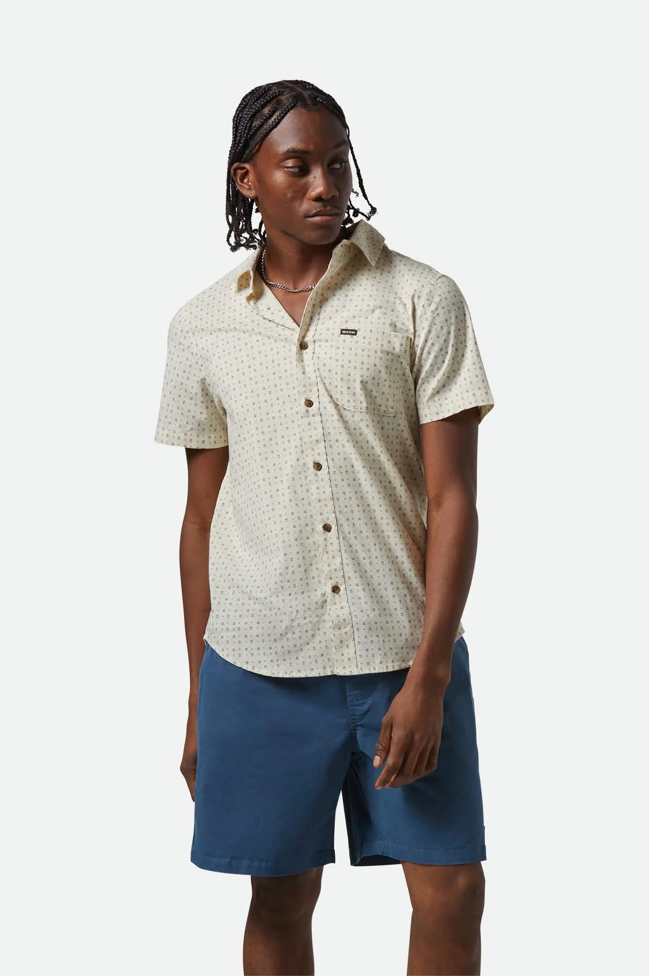 Model Photo of Front of Brixton Men's Charter Print Short Sleeve Woven - Off White Micro Floral 