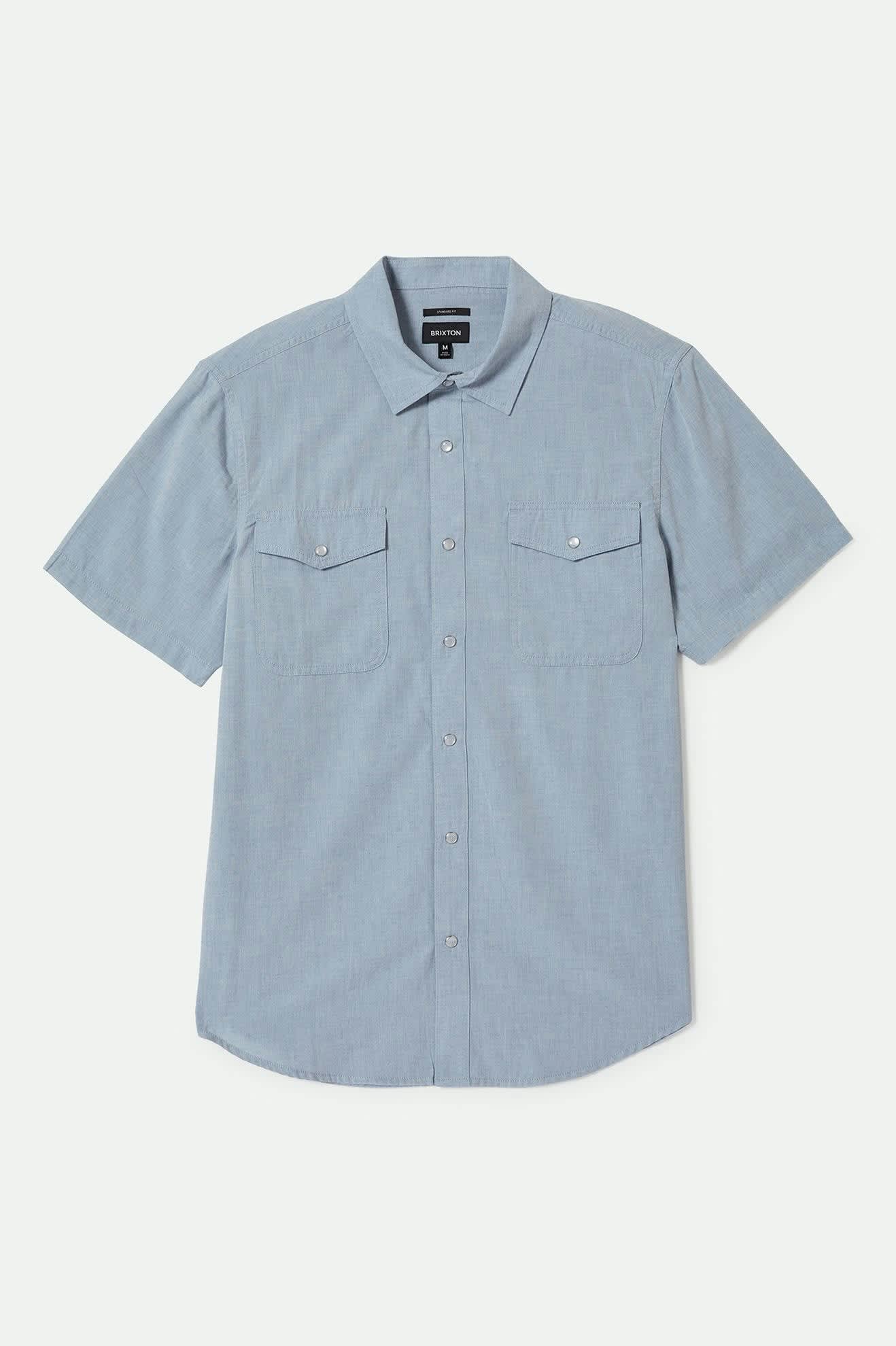 Front of Brixton Men's Wayne Western Short Sleeve Shirt - Medium Blue 