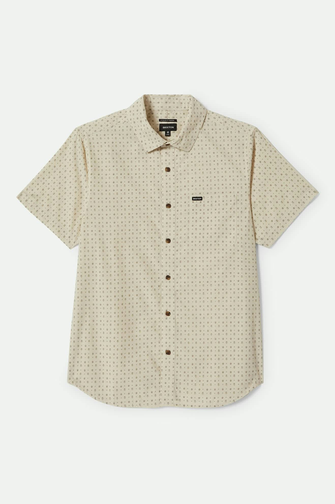 Front of Brixton Men's Charter Print Short Sleeve Woven - Off White Micro Floral 