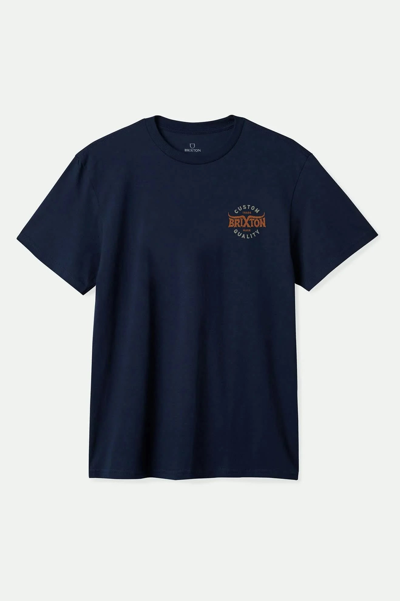 Front of Brixton Men's Gibson Short Sleeve Navy Worn Wash Tee Shirt 