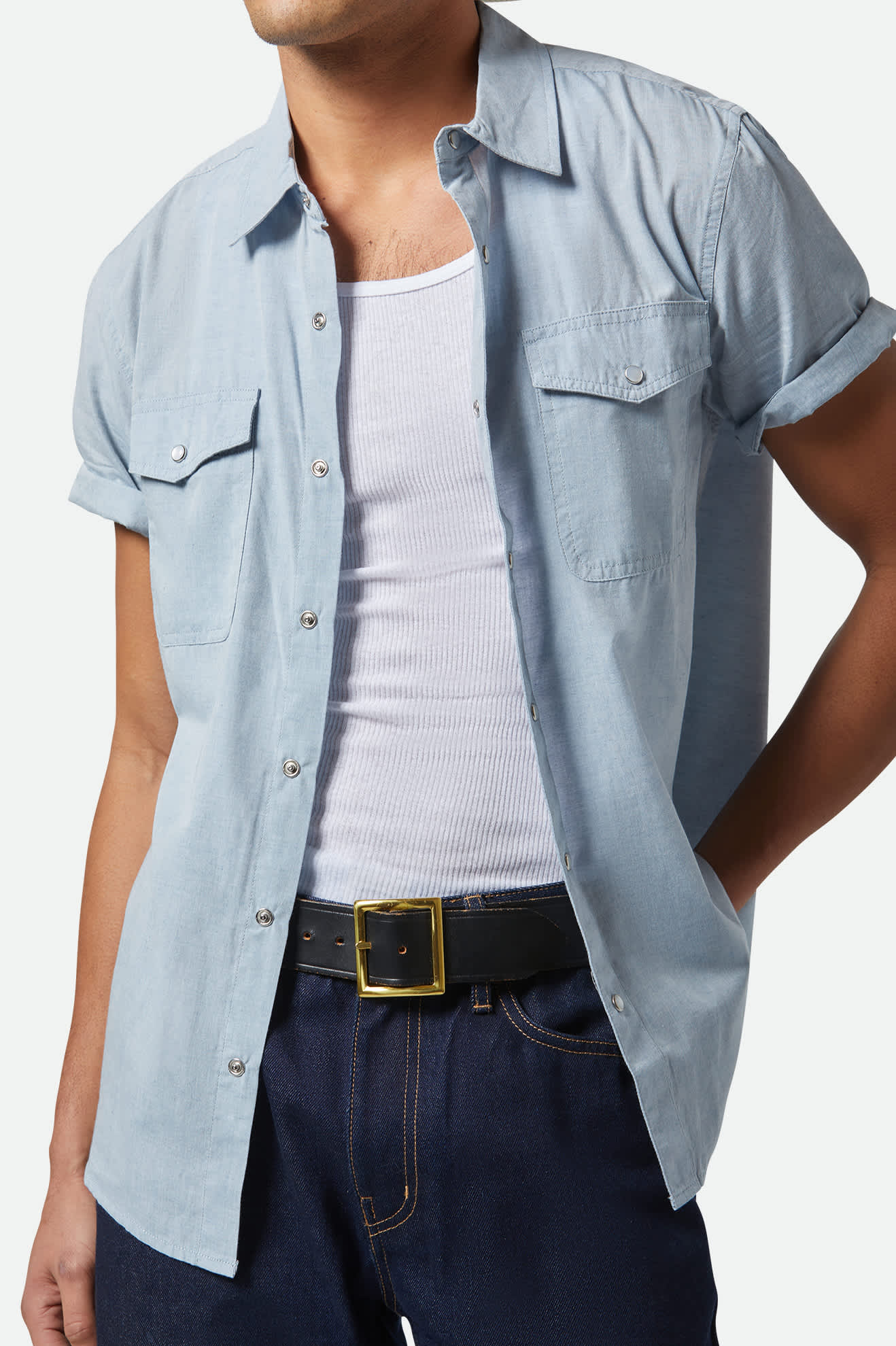 Close Up Model Photo of Front of Brixton Men's Wayne Western Short Sleeve Shirt - Medium Blue 