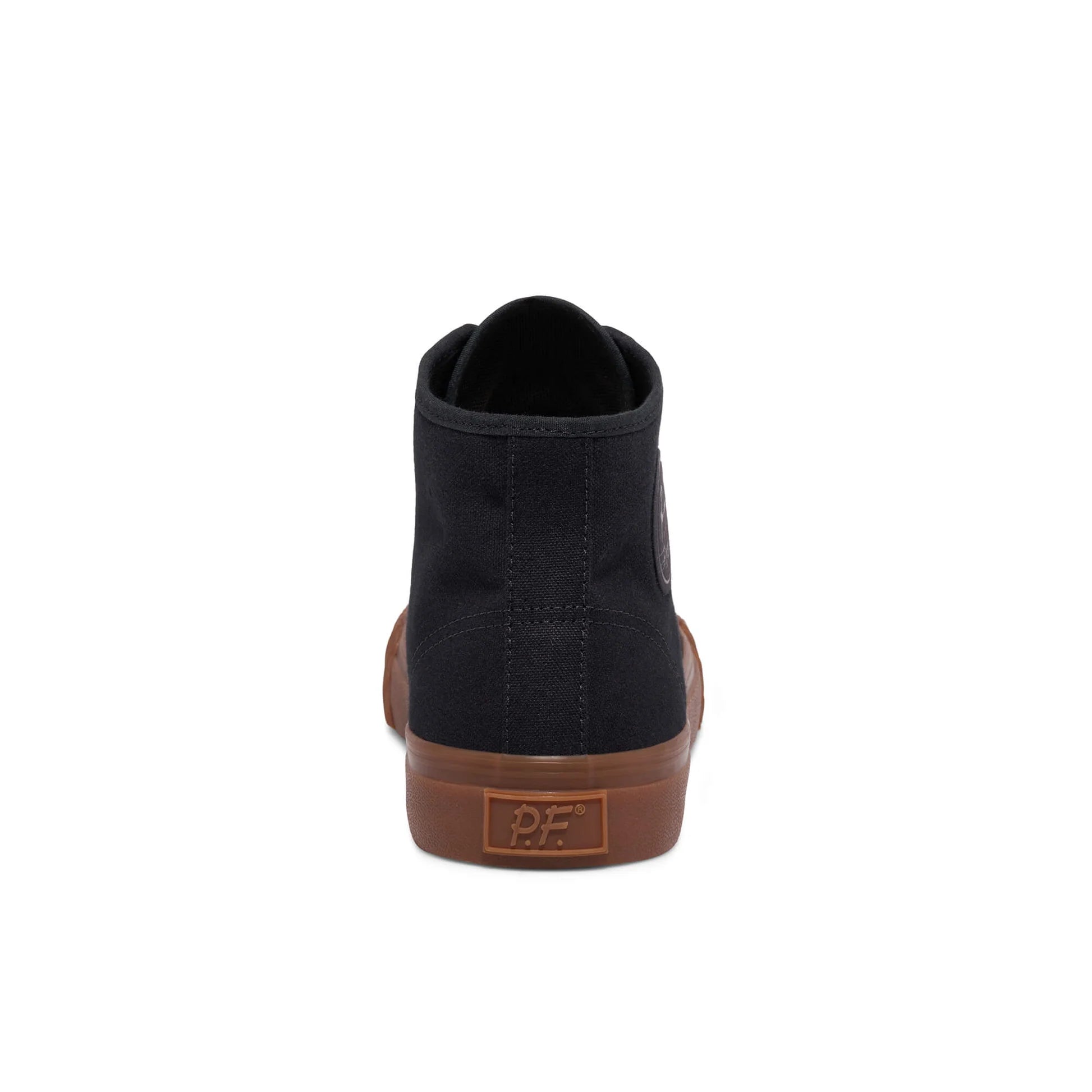 Black high-top sneaker with brown sole on a white background