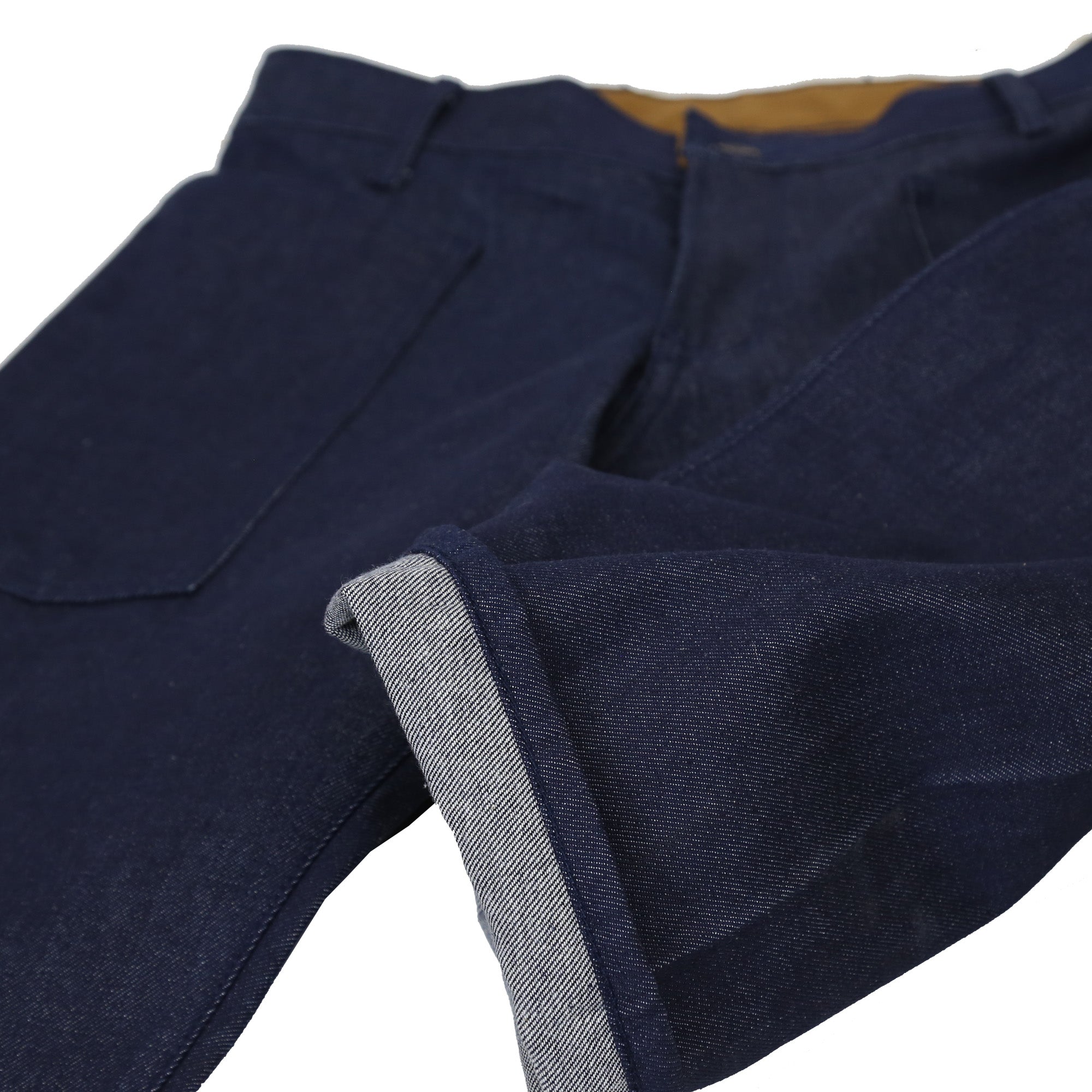 Close Up of Cuff Detail of Mariner Unisex Men's Full Leg 12.75 Oz Classic Indigo