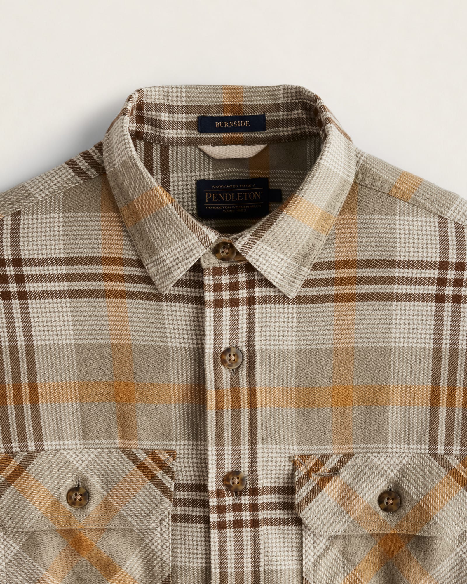 Collar Detail of Pendleton Burnside Shirt - Tan/Brown/Grey Plaid