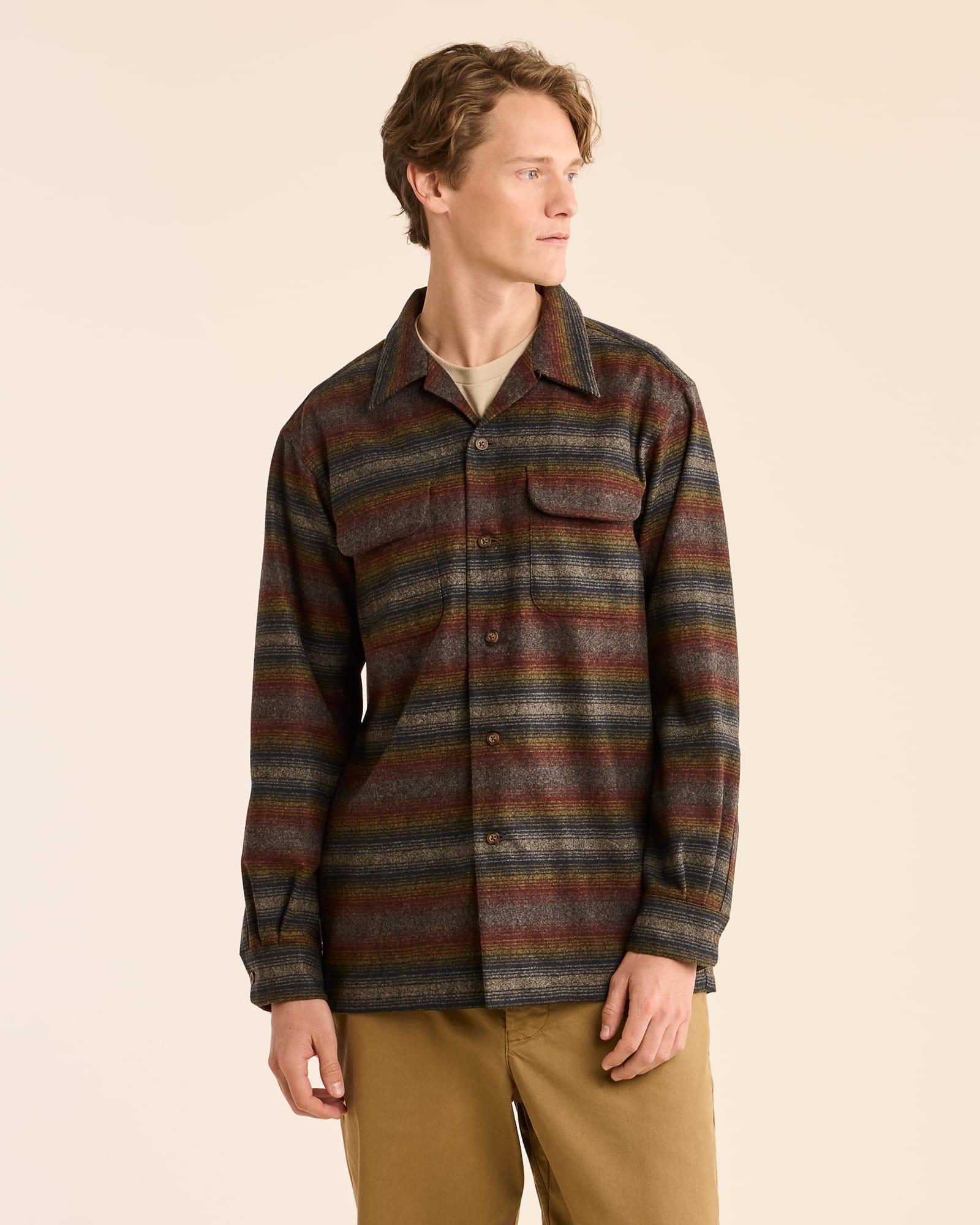 Model Photo of Front of Pendleton Men's Board Shirt - Brown Multi Ombre Stripe