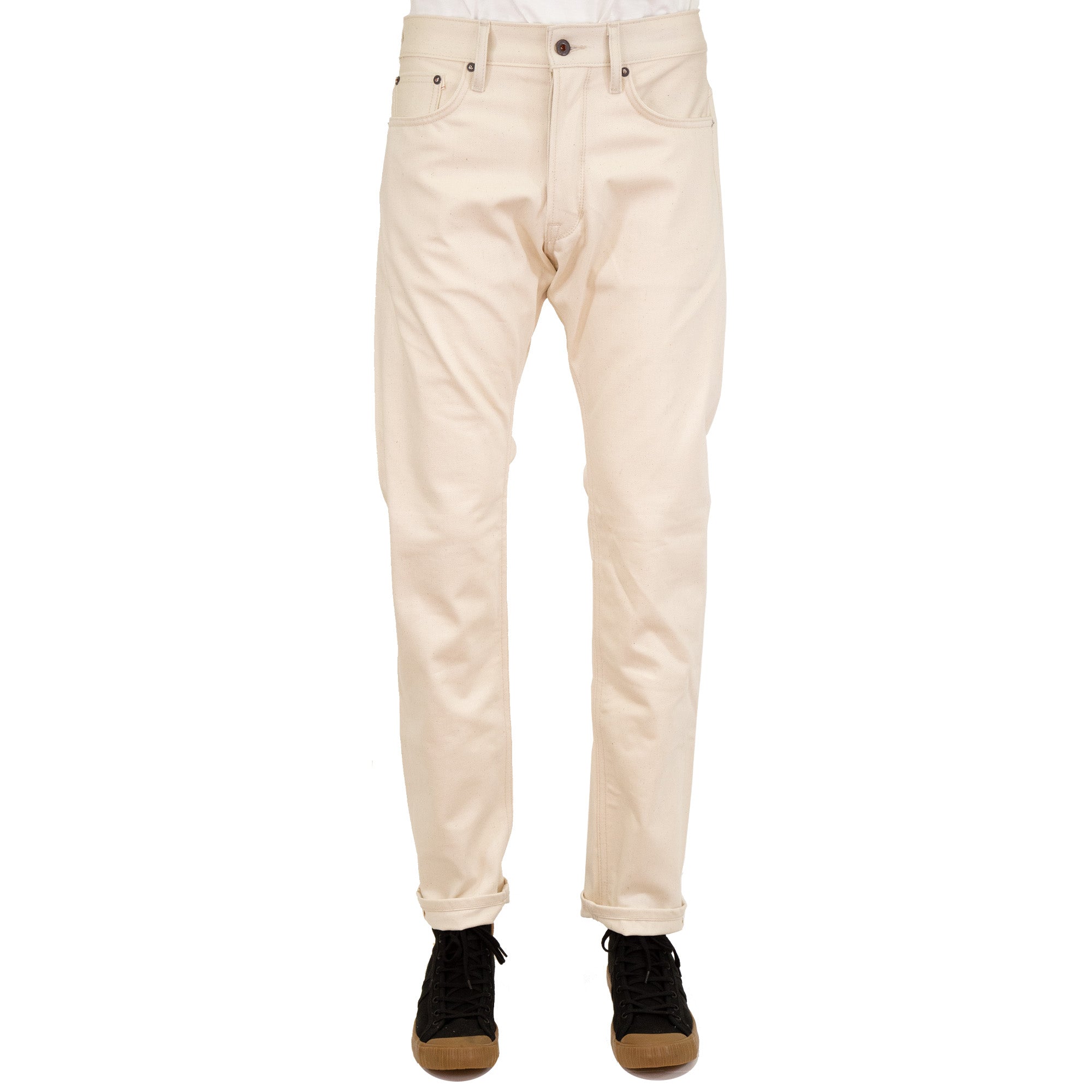 Front of Spikes X105 Taper Leg 12 Oz Ecru Natural Selvedge