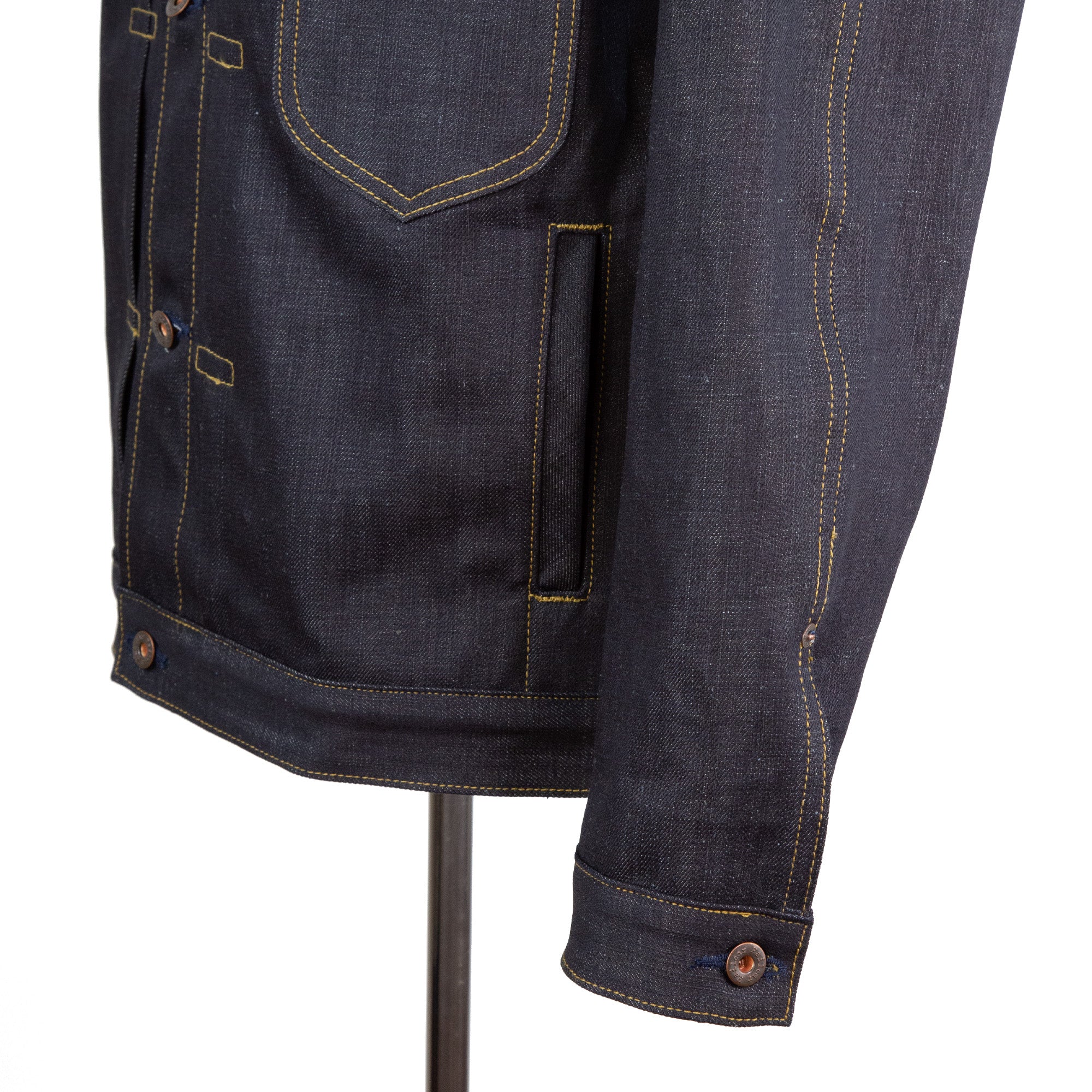 Hand Warmer Pocket and Sleeve Detail of Type 1 X113 13.25 Oz Denim Jacket