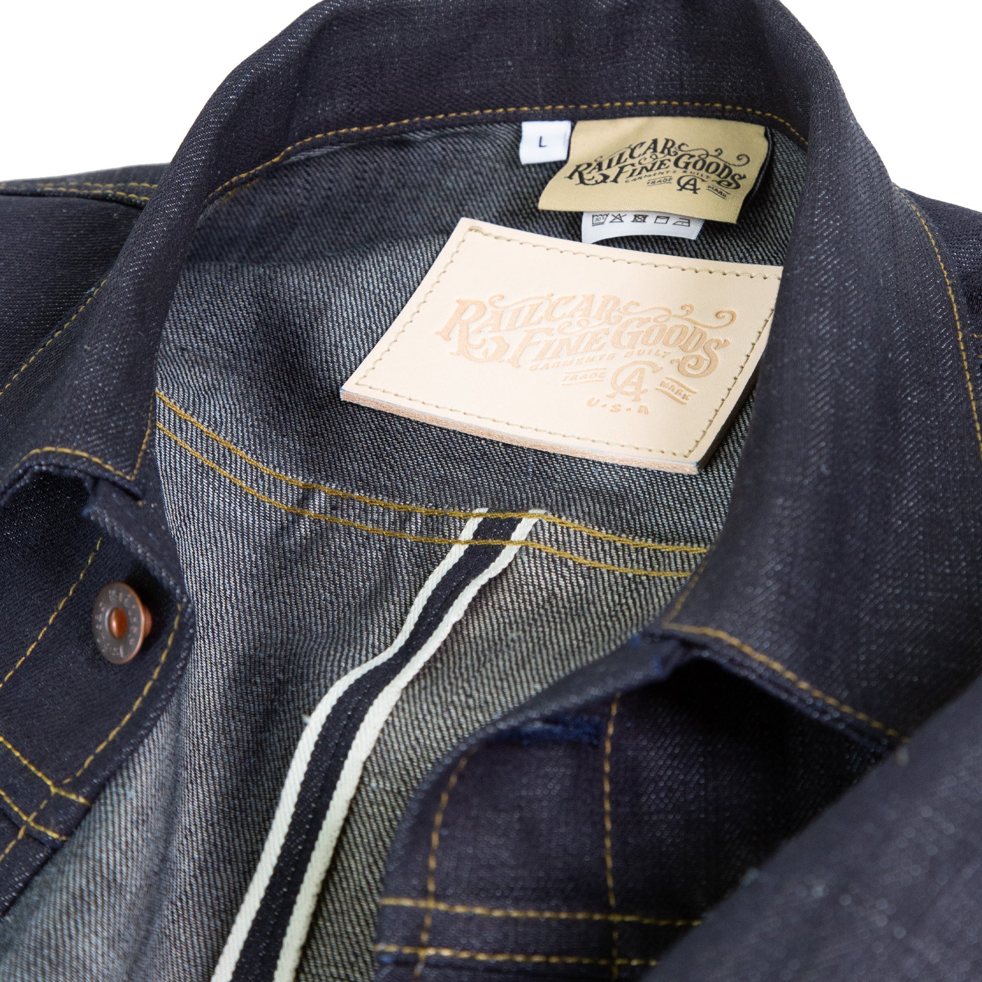 Collar and Interior Leather Detail of Type 1 X113 13.25 Oz Denim Jacket