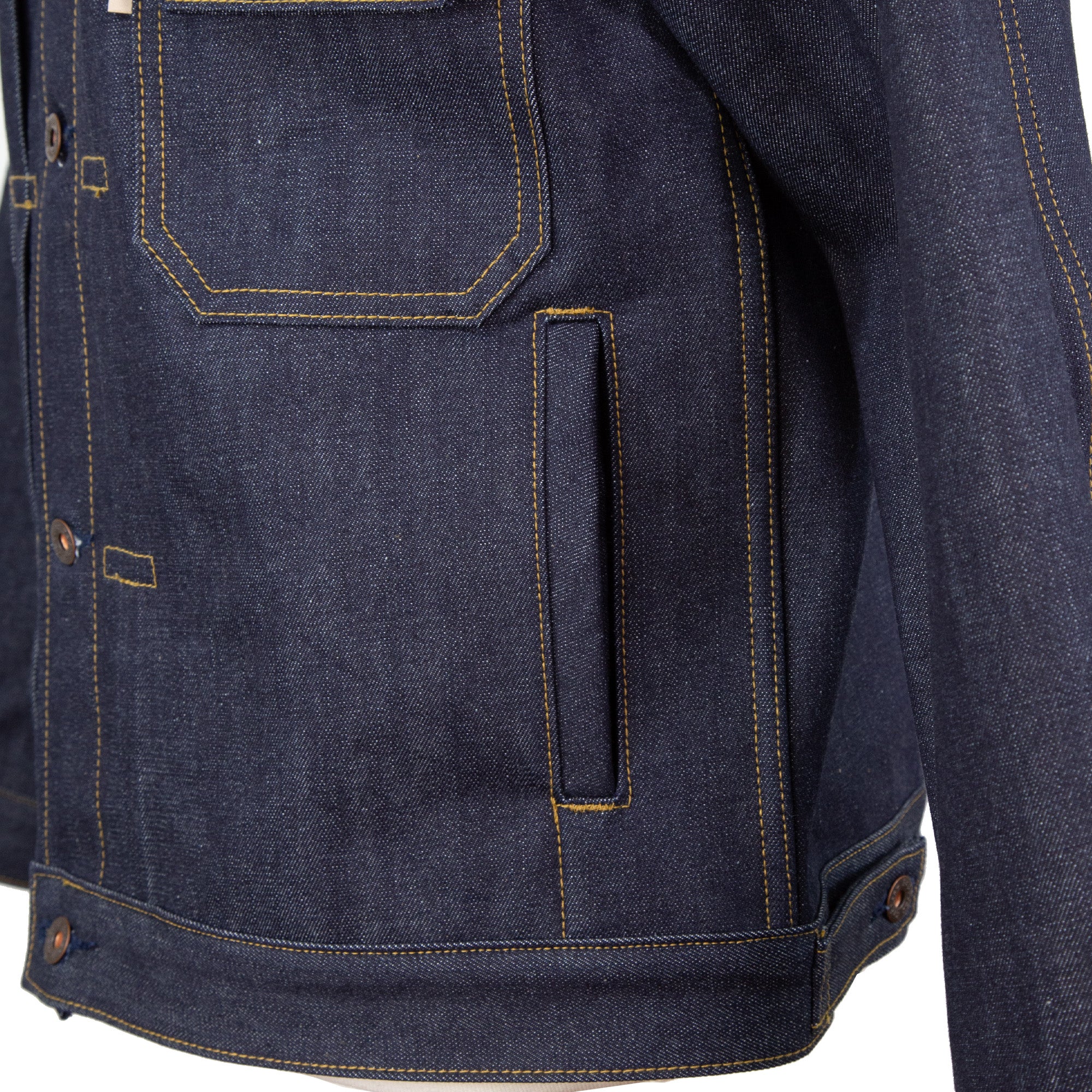 Hand Warmer Pocket Detail of Type 2 X110 13.5 Oz Classic Indigo Selvedge Jacket