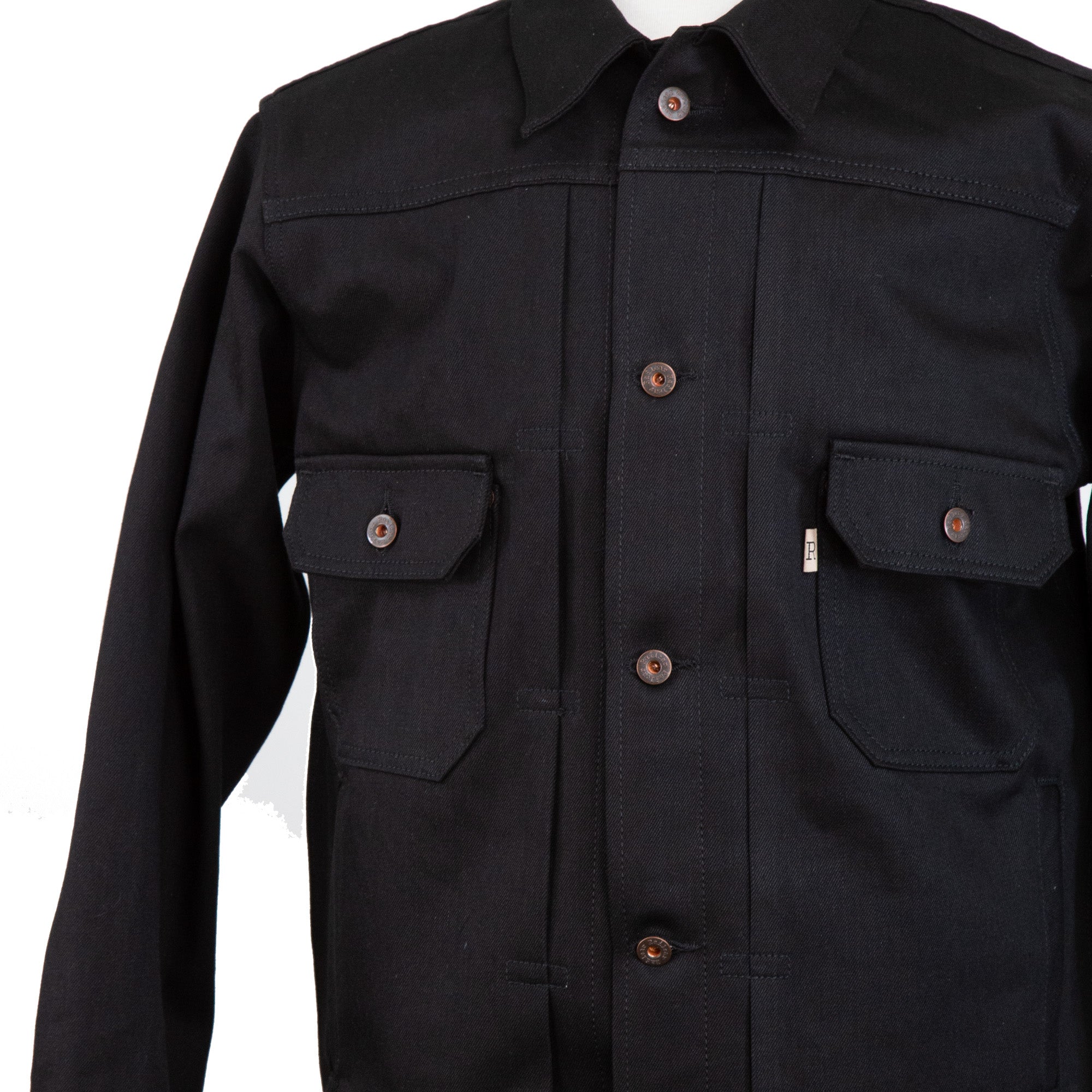 Front Angle of Type 2 X111 13.5 Oz Double Black Selvedge Jacket