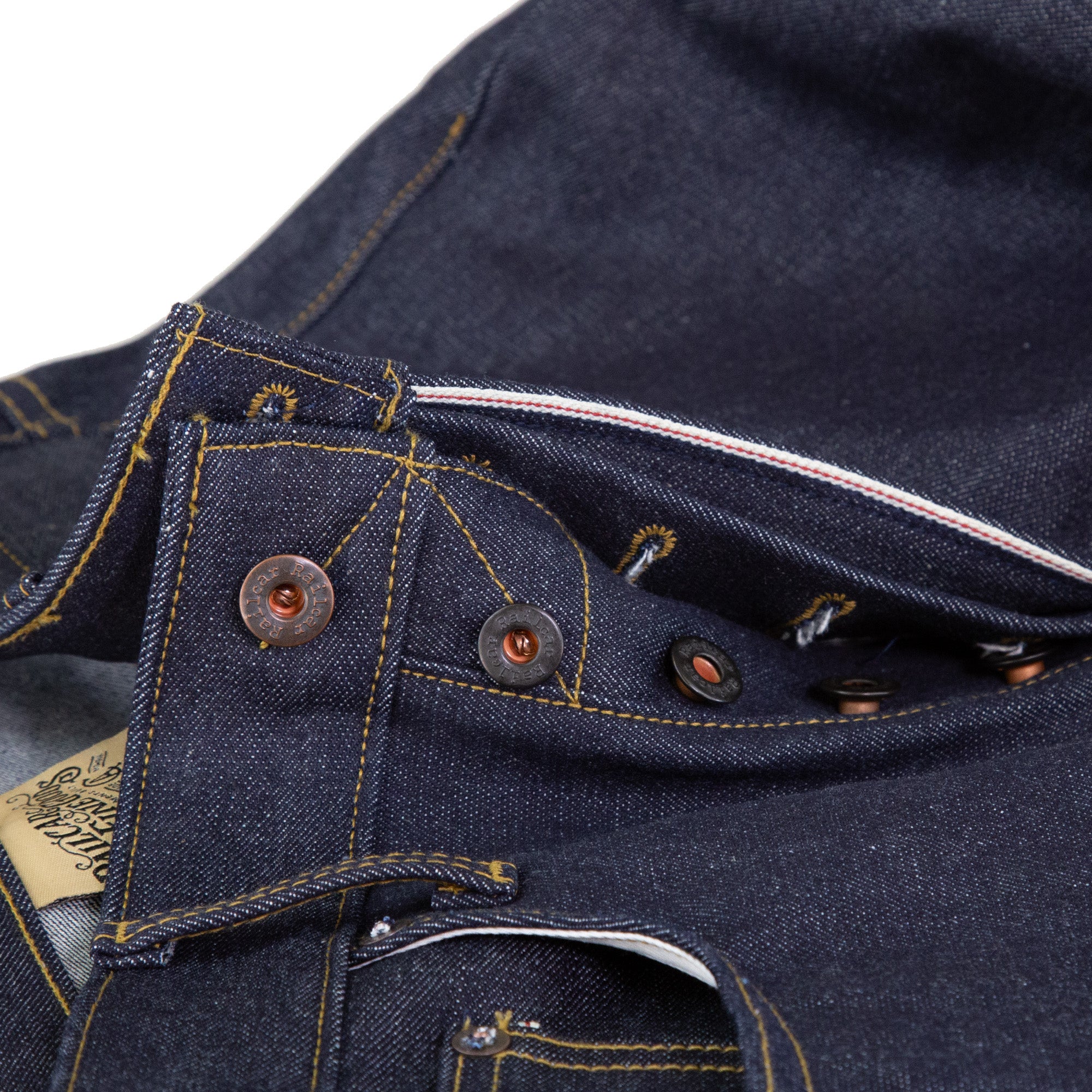 Fly Selvedge Detail of Spikes X110 Taper Leg 13.5 Oz Classic Indigo Selvedge