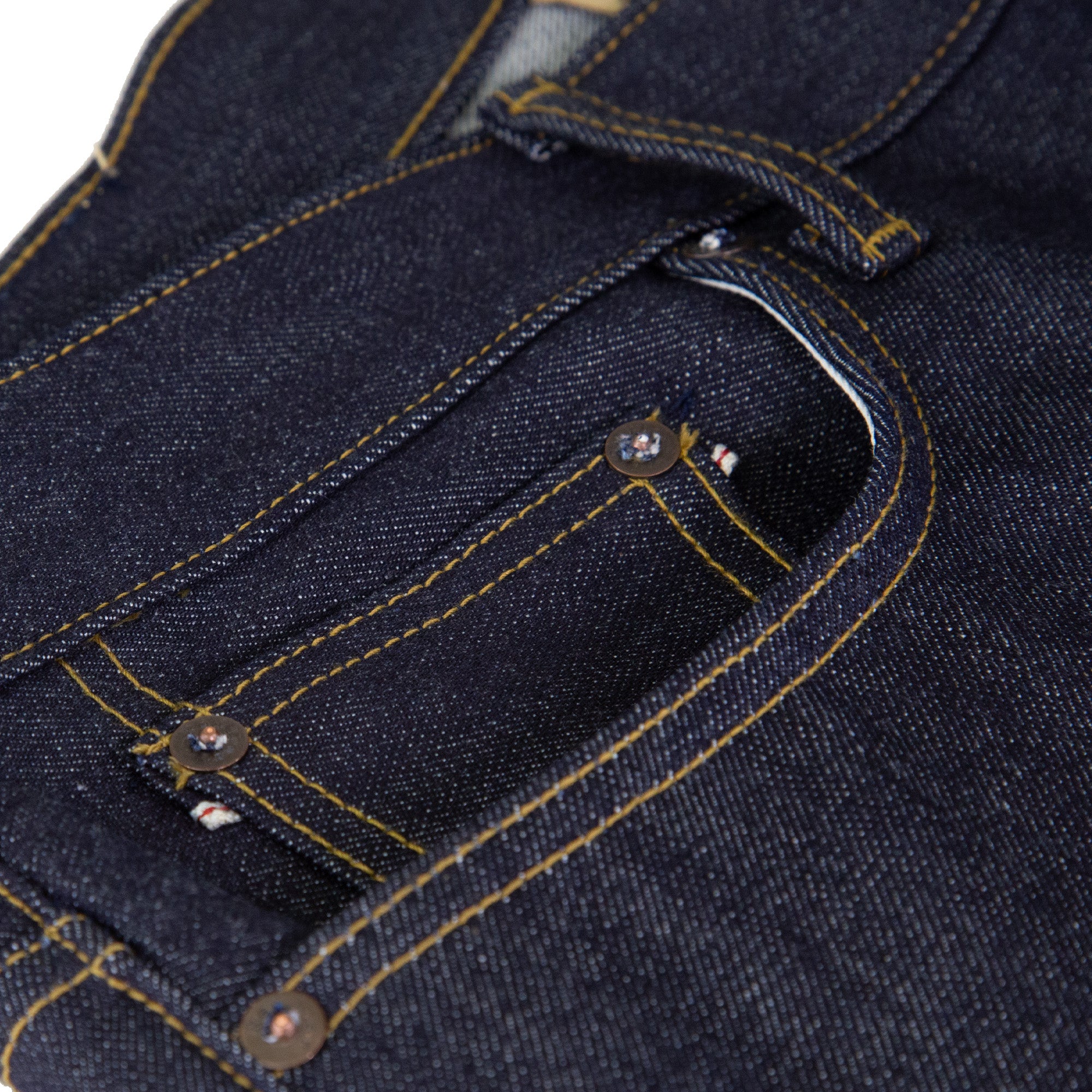 Coin Pocket Selvedge Detail of Spikes X110 Taper Leg 13.5 Oz Classic Indigo Selvedge