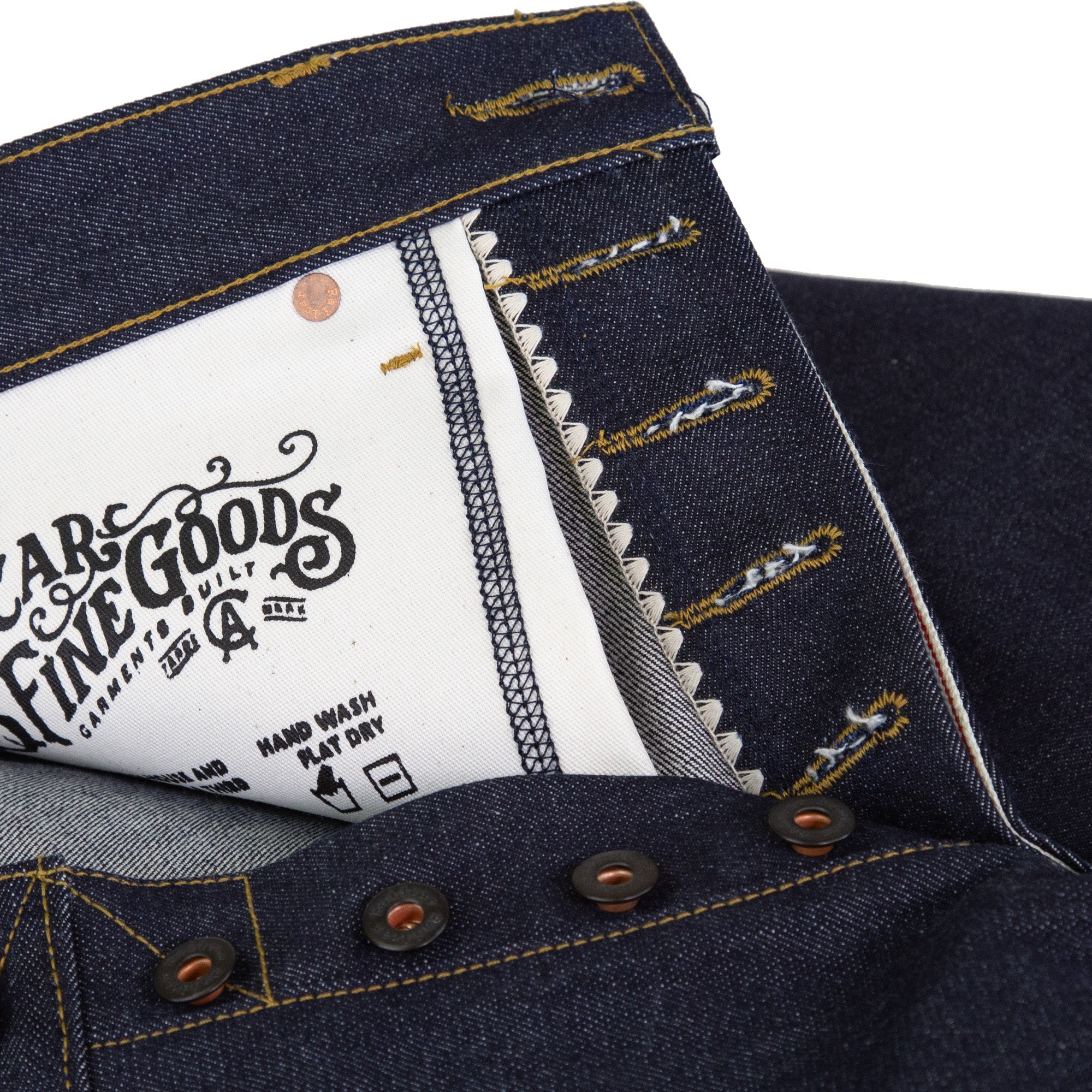 Button Fly Detail of Spikes X110 Taper Leg 13.5 Oz Classic Indigo Selvedge