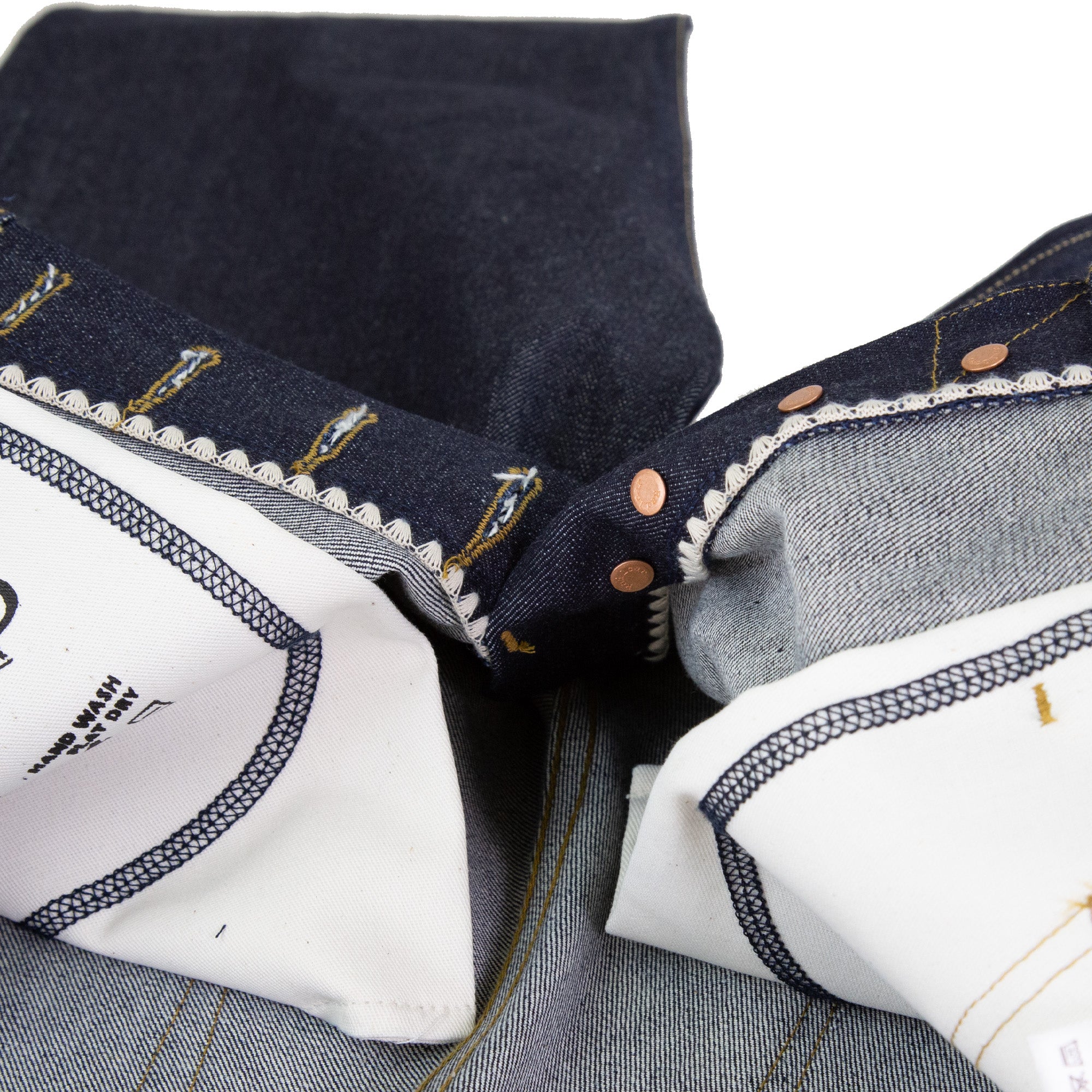 Interior Button Fly Detail of Spikes X110 Taper Leg 13.5 Oz Classic Indigo Selvedge