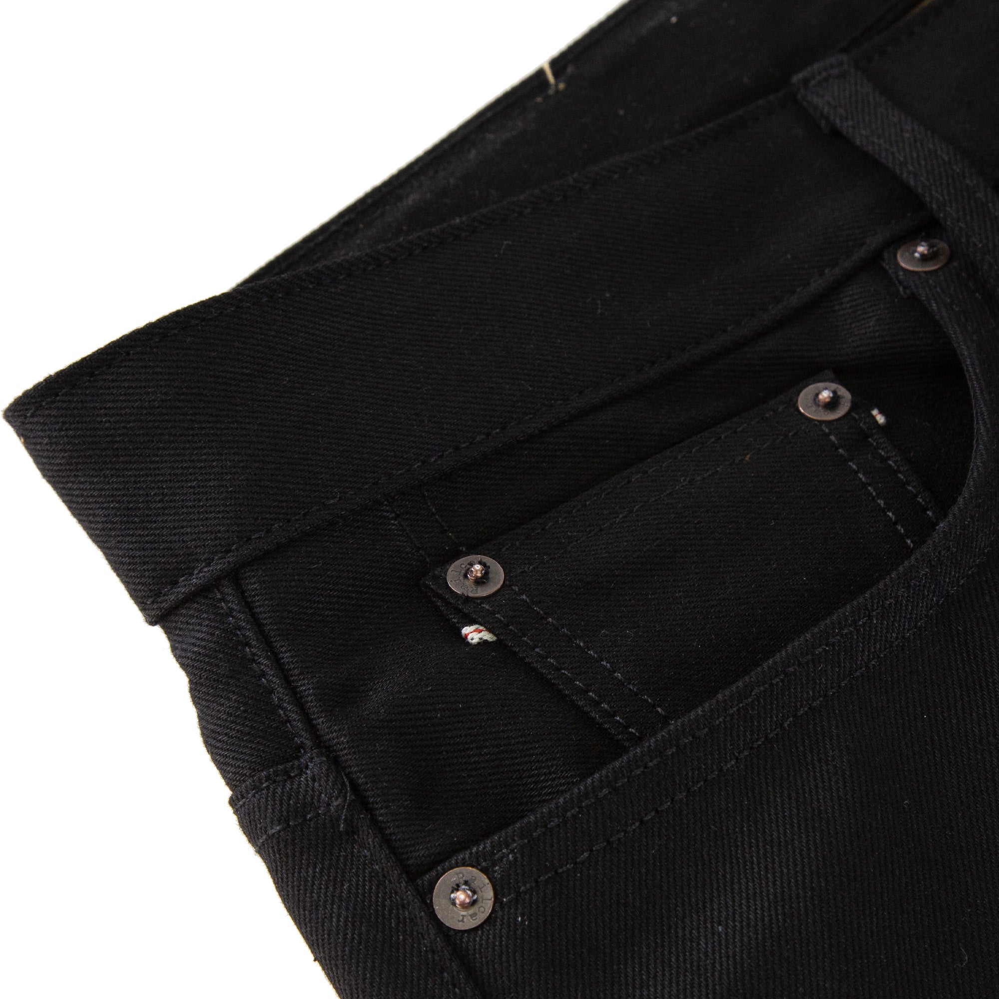 Coin Pocket Peek-a-boo Selvedge Detail of Spikes X111 Taper Leg 13.5 Oz Double Black Selvedge