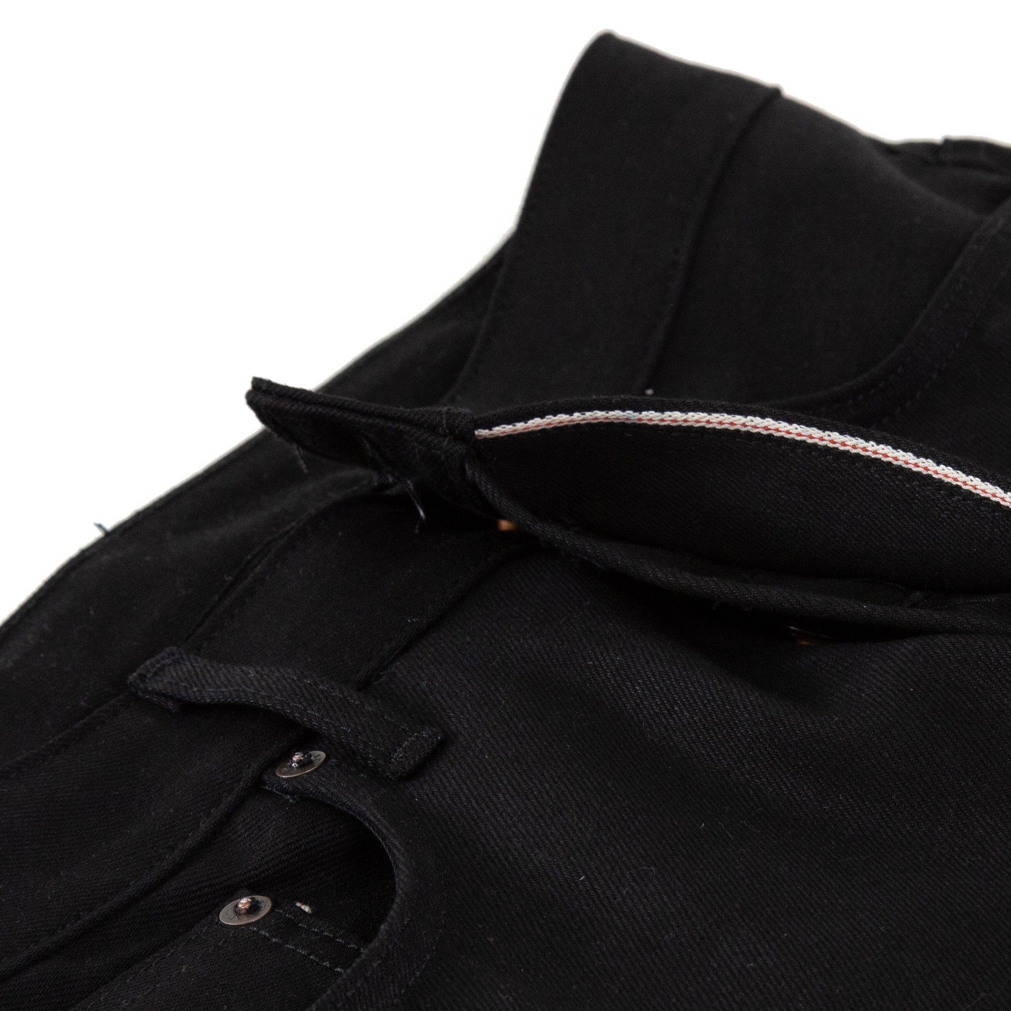 Fly Selvedge Detail of Spikes X111 Taper Leg 13.5 Oz Double Black Selvedge