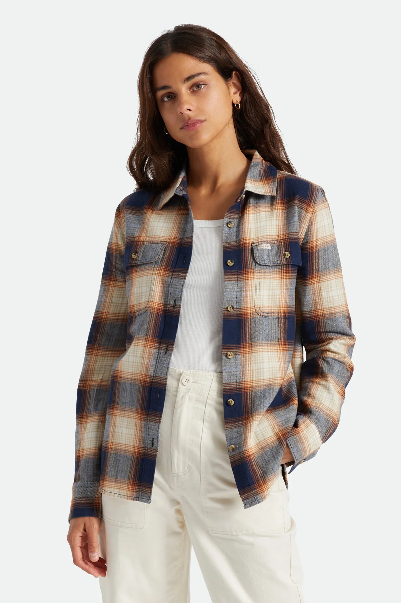 Model Photo of A navy and orange flannel shirt with a pointelle knit pattern