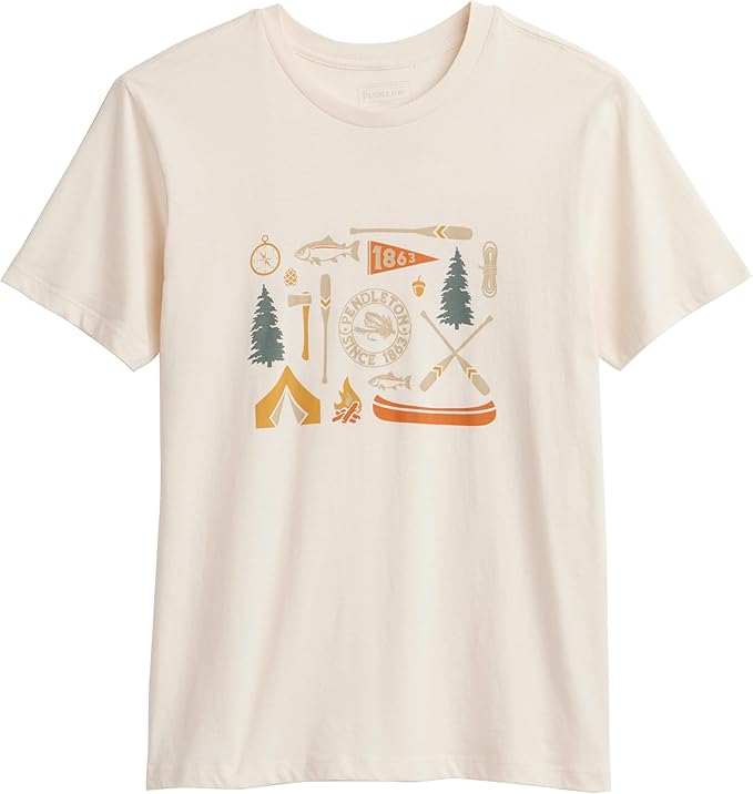 Beige t-shirt with camping-themed graphics on a white background