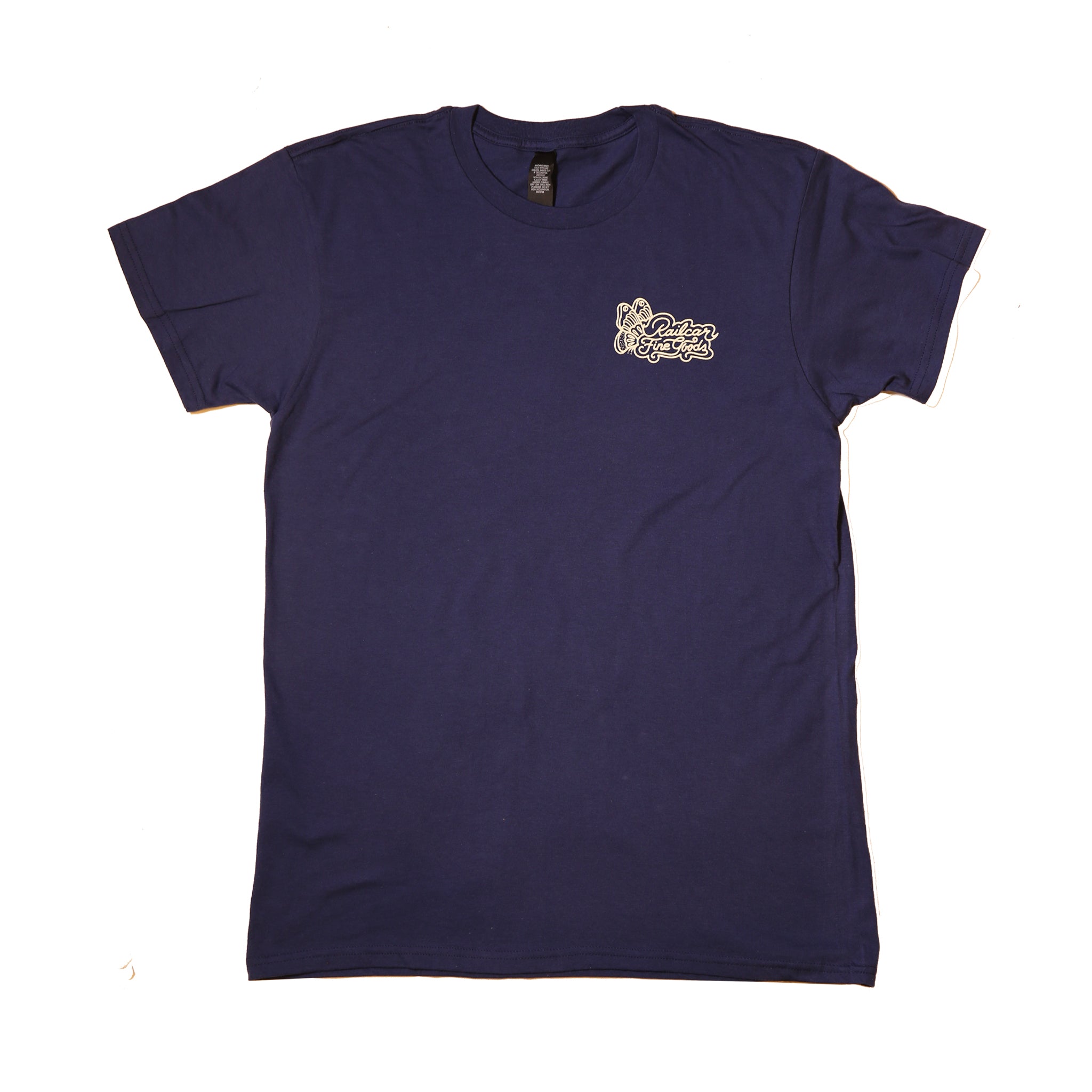 Navy T-shirt with graphic reading 'Railcar Fine Goods' on the chest