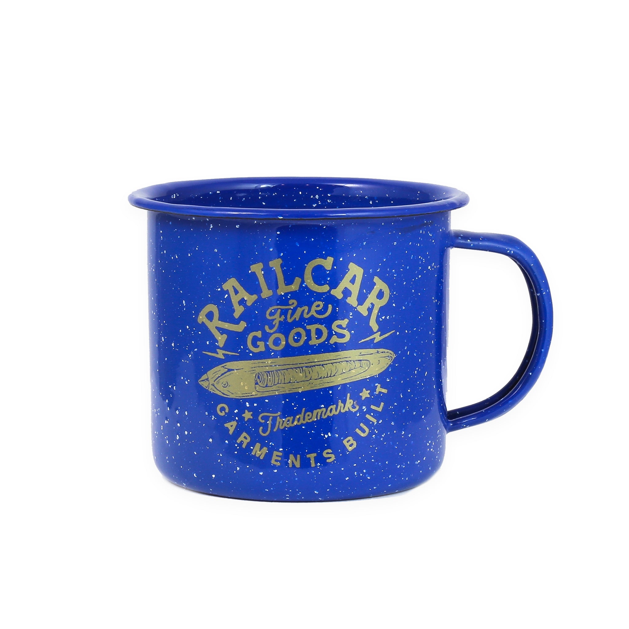 A blue enamel mug with the text 'Railcar Fine Goods' printed on it.