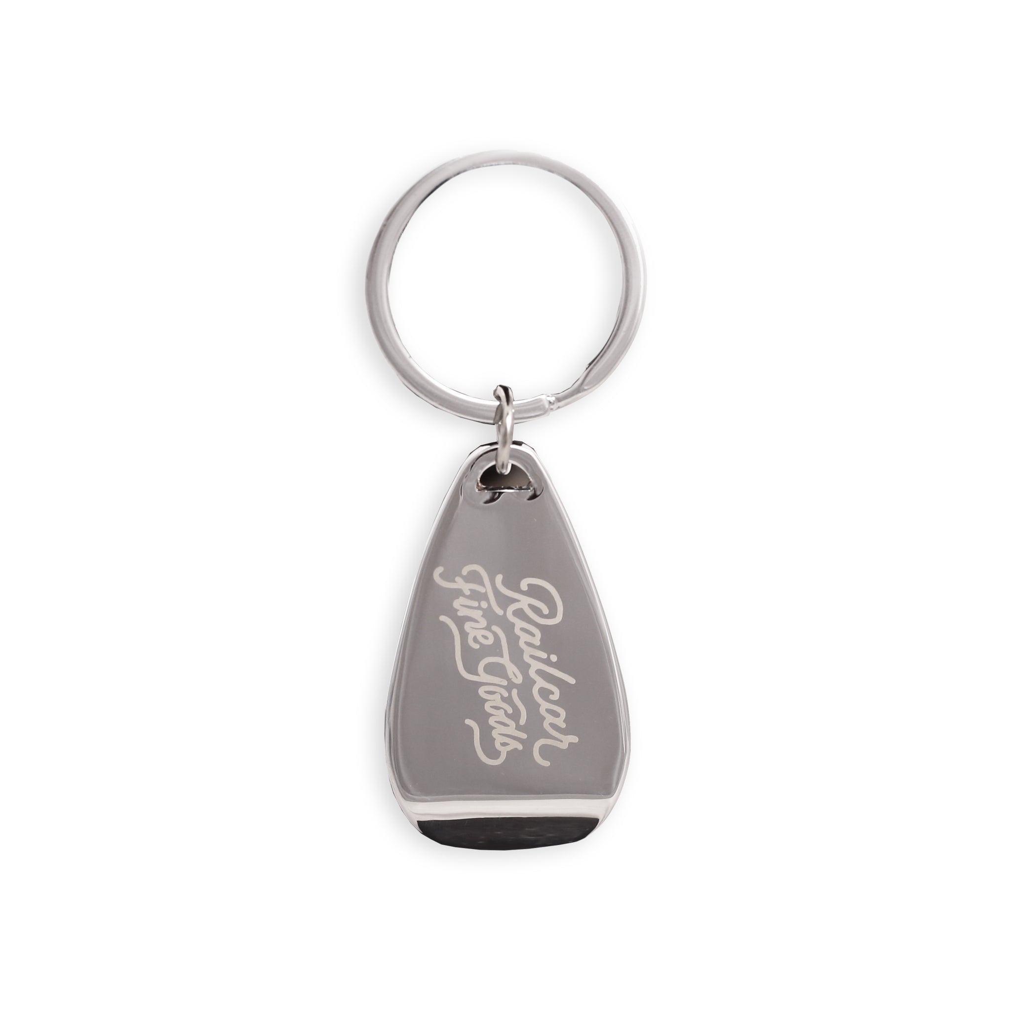 A silver bottle opener with a keychain, featuring text 'Railcar Fine Goods'