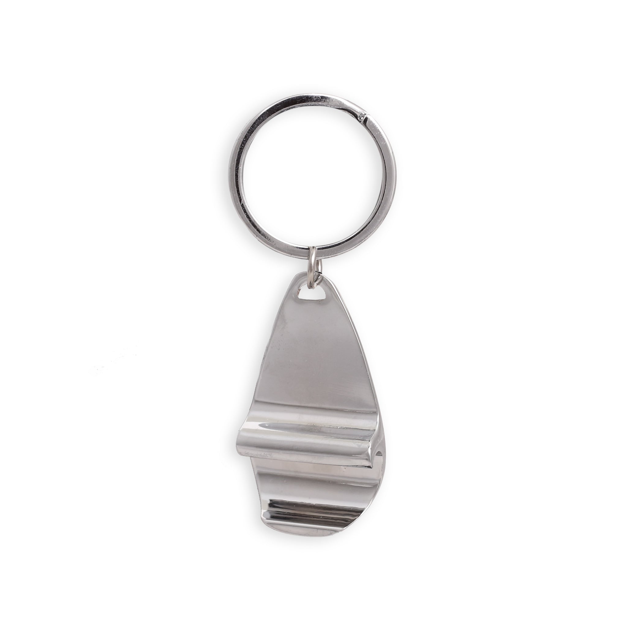 A silver bottle opener with a keychain