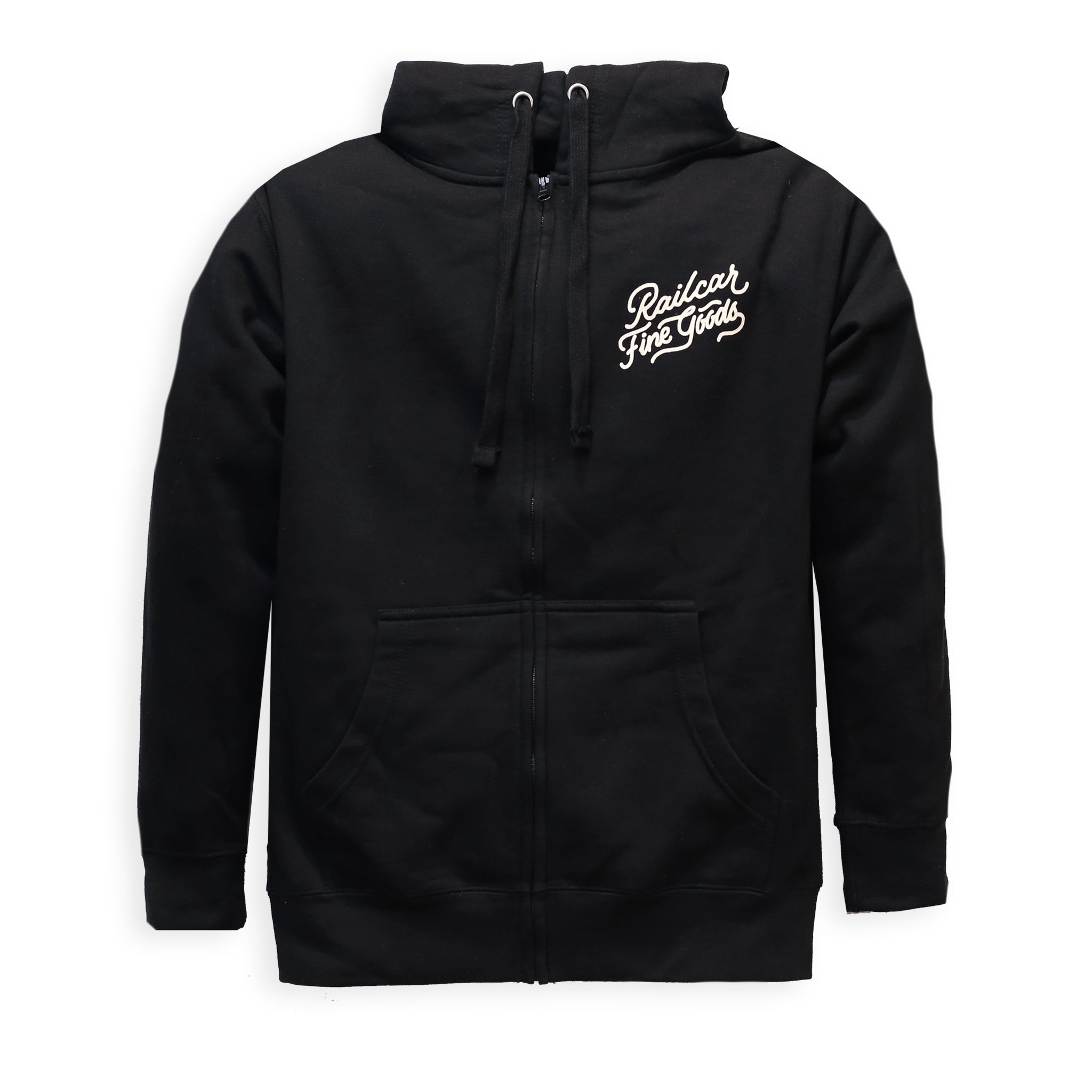 Black hoodie with text reading Railcar Fine Goods