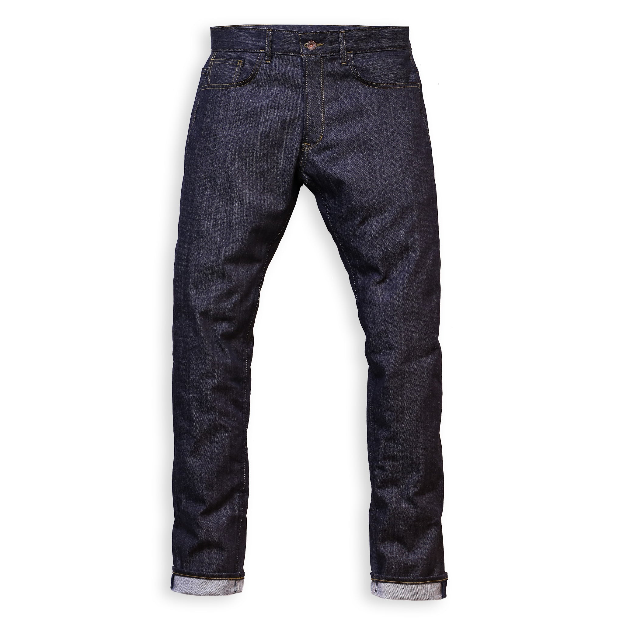 Front of  pair of slim-fit blue denim jeans with a minimalist design